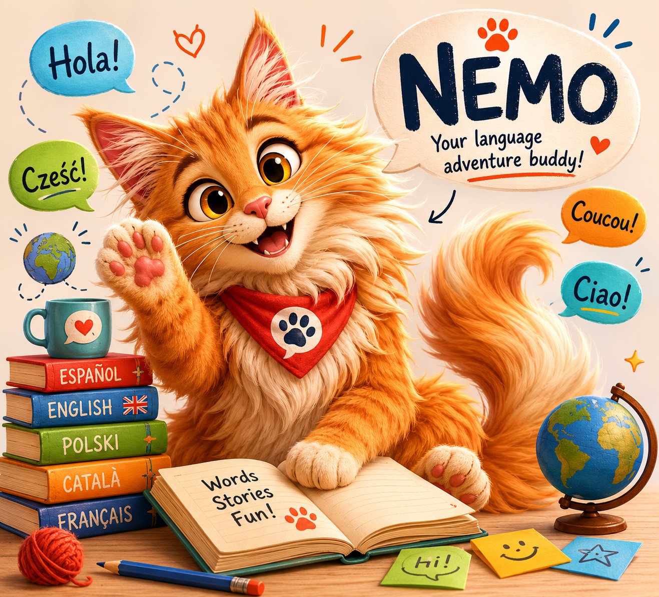 Nemo the cat waving, surrounded by language books and greetings