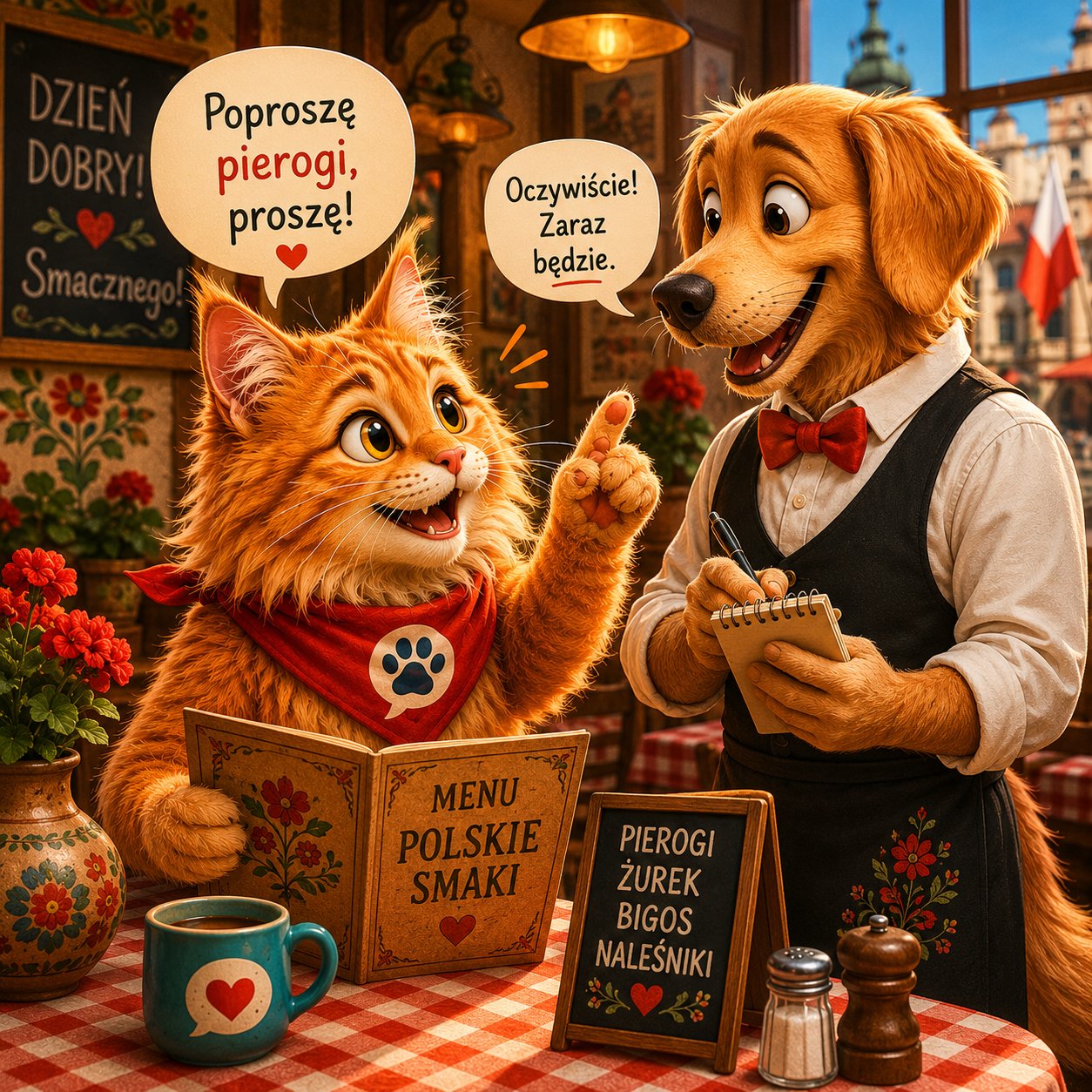 Nemo ordering pierogi from a friendly waiter in a Polish restaurant