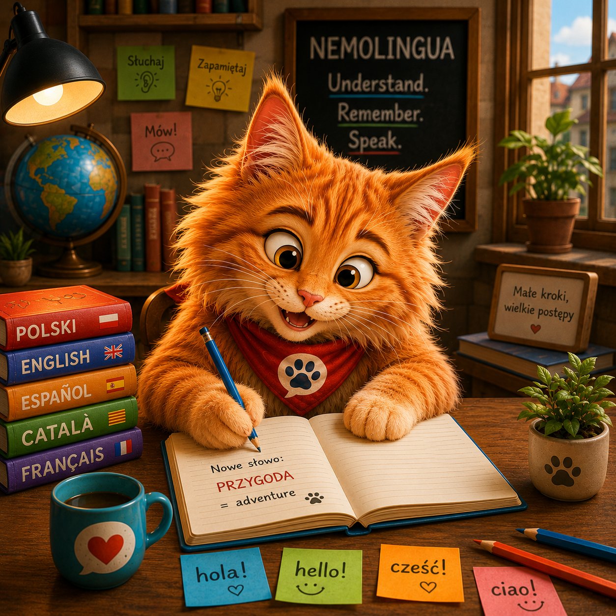 Nemo writing a new word in his notebook at a cozy desk