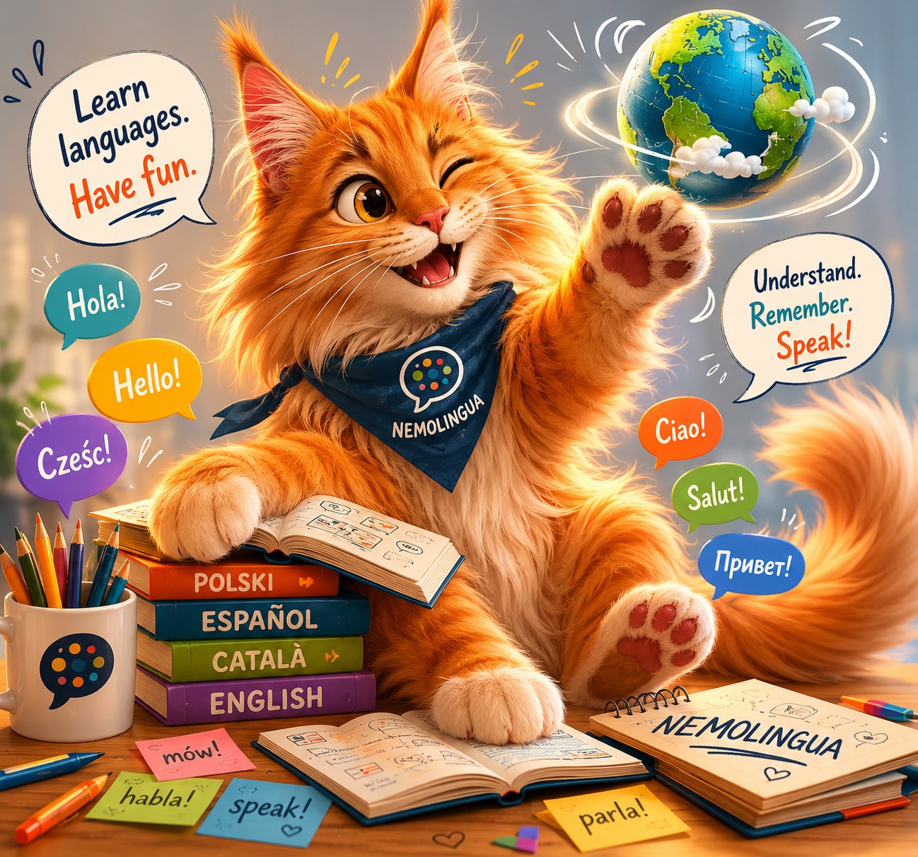 Nemo spinning a globe, surrounded by greetings in many languages